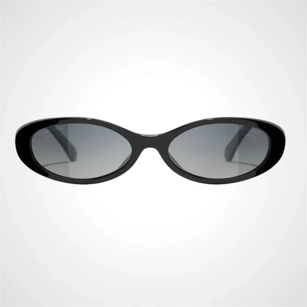 New Chanel Sunglasses Black Gold Oval Polarized Acetate Metal Cut Out Logo 54mm - Picture 2 of 5